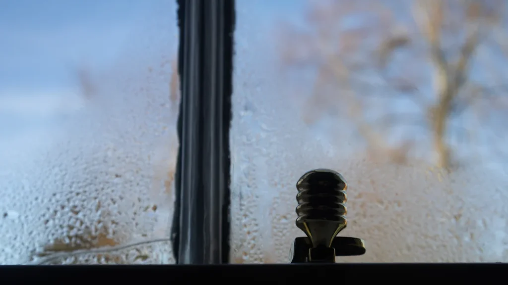 Condensación en las ventanas: cristal empañado con gotas de agua