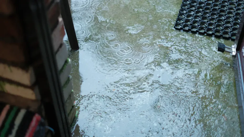 Limpiar la casa después de una inundación: agua entrando por la puerta