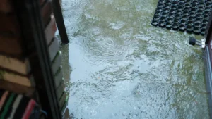 Limpiar la casa después de una inundación: agua entrando por la puerta
