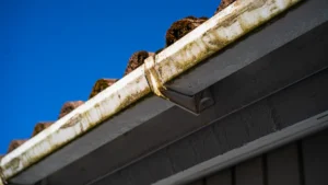 Limpieza de canalones y sumideros: canalón sucio en el tejado de un edificio
