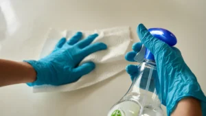 Quitar el moho de las paredes: limpieza con guantes, pulverizador y paño